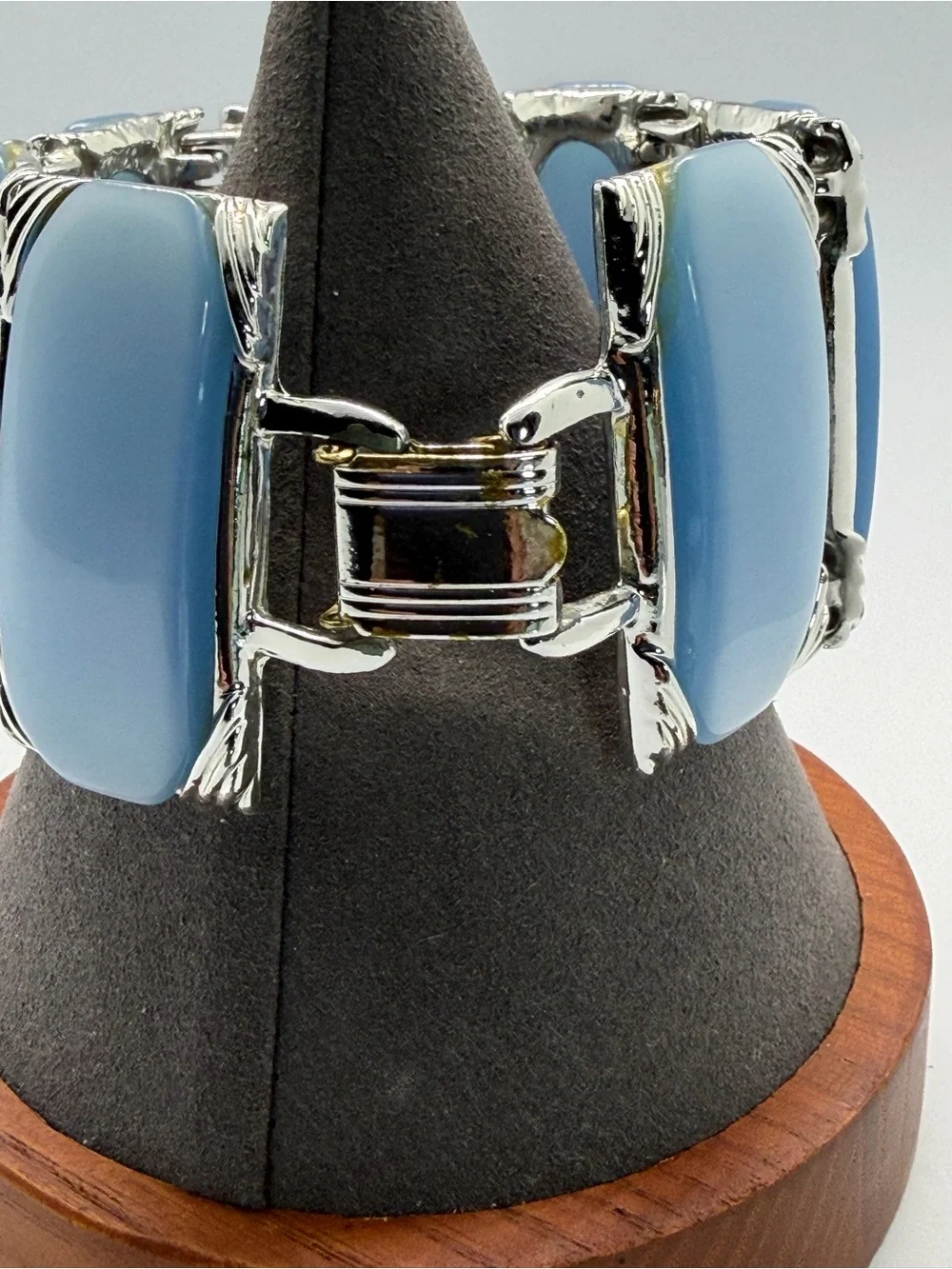 Vintage Blue Thermoset Panel Bracelet Silver Tone Mid Century